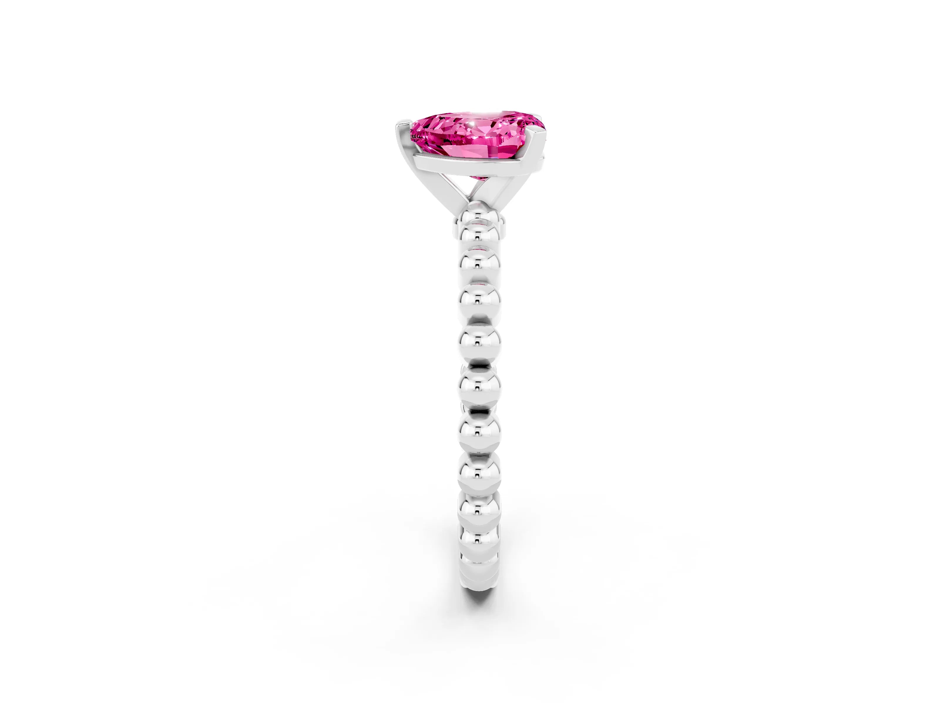 White gold Heart Cut Pink Sapphire Solitaire Ring with Beaded Band and Prong Setting_2