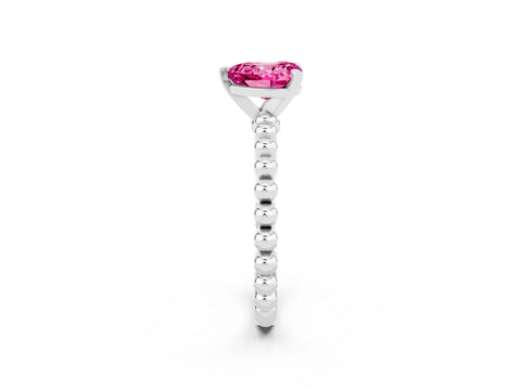 White gold Heart Cut Pink Sapphire Solitaire Ring with Beaded Band and Prong Setting_2