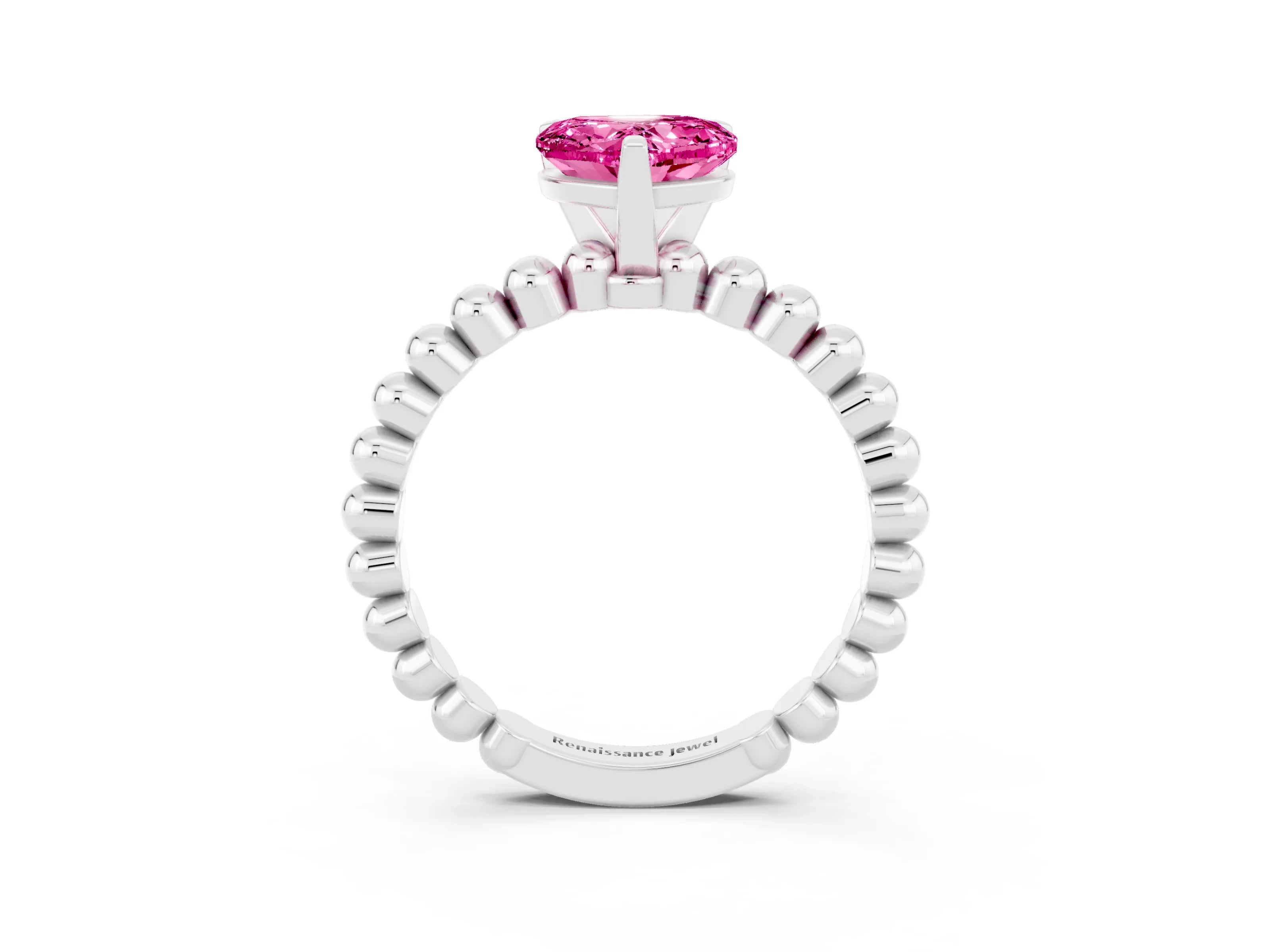 White gold Heart Cut Pink Sapphire Solitaire Ring with Beaded Band and Prong Setting_3