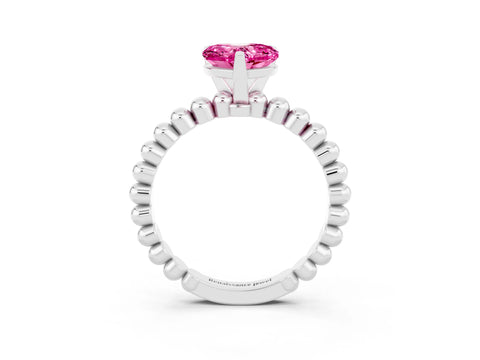 White gold Heart Cut Pink Sapphire Solitaire Ring with Beaded Band and Prong Setting_3