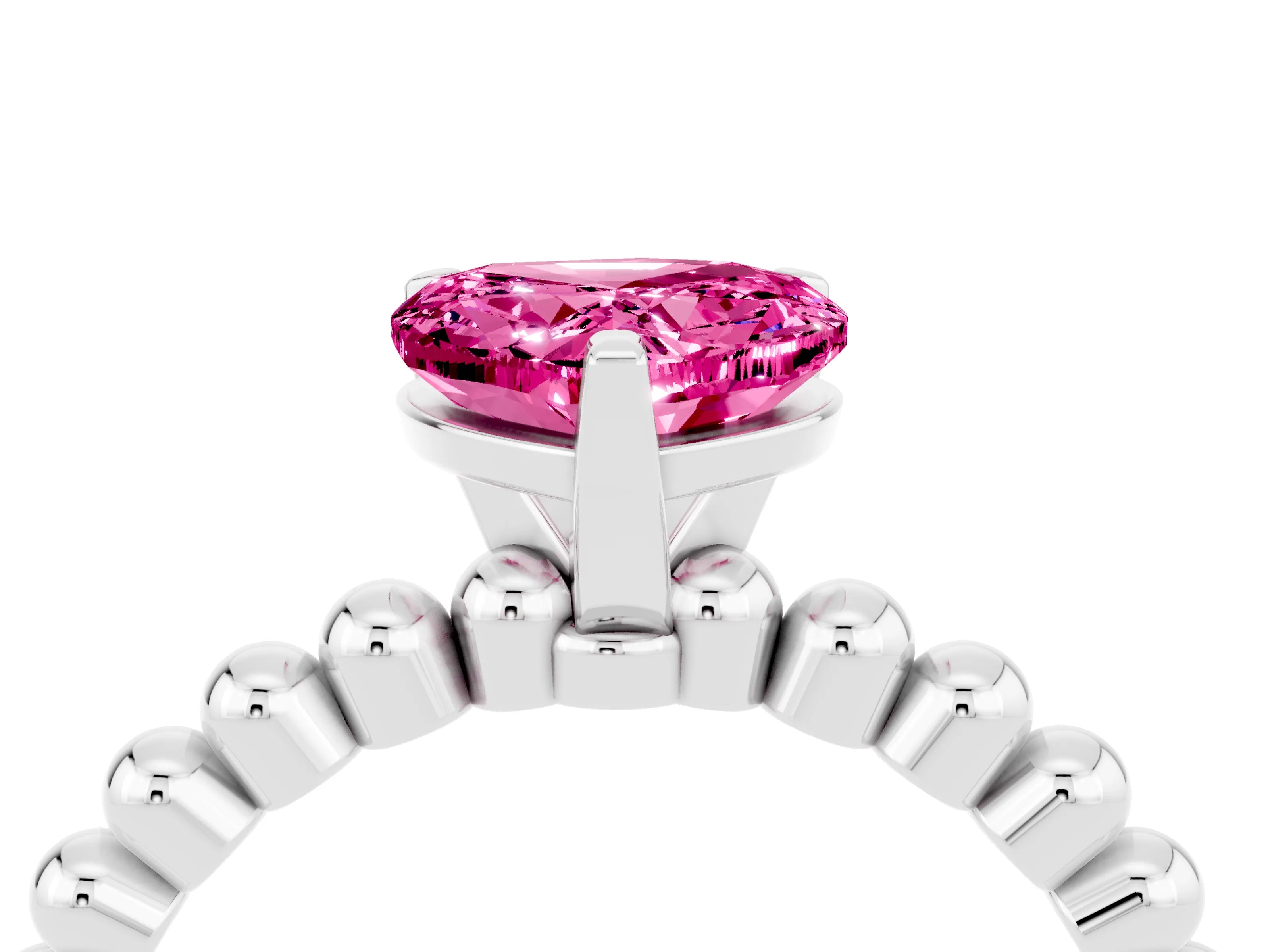 White gold Heart Cut Pink Sapphire Solitaire Ring with Beaded Band and Prong Setting_4