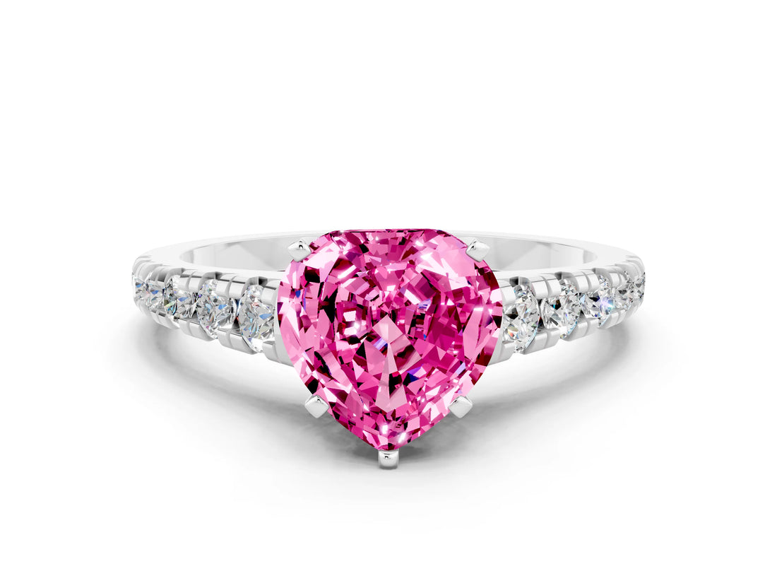 White gold Heart Cut Pink Sapphire Solitaire Ring with Cathedral Setting and Pavé Band_24