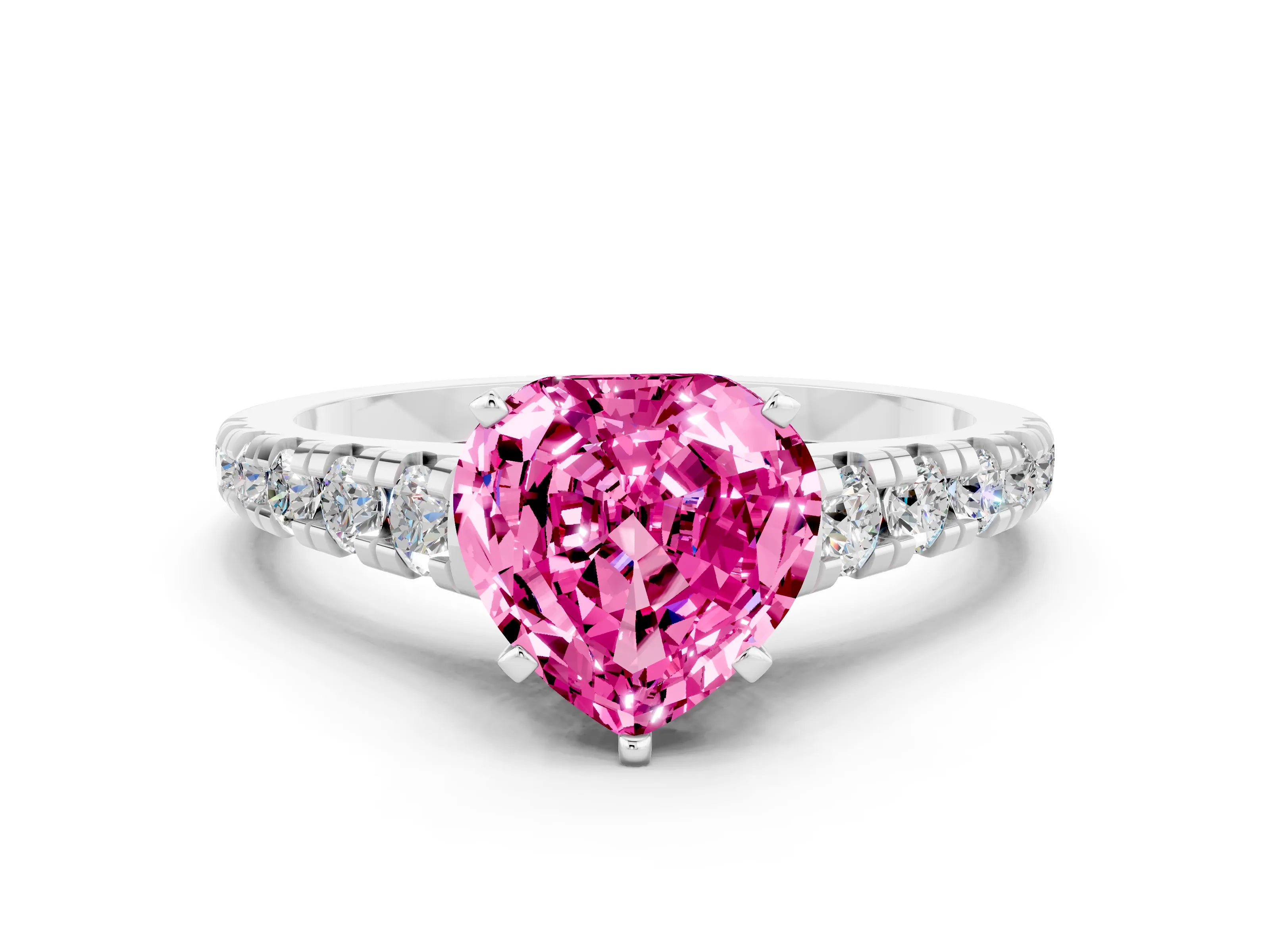 White gold Heart Cut Pink Sapphire Solitaire Ring with Cathedral Setting and Pavé Band_24
