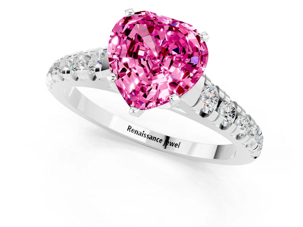 Platinum Heart Cut Pink Sapphire Cathedral Solitaire Ring with Round  Pavé Band