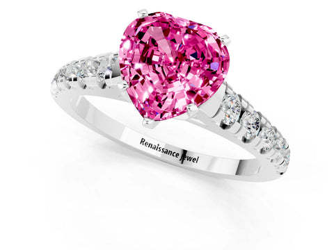 White gold Heart Cut Pink Sapphire Solitaire Ring with Cathedral Setting and Pavé Band_25