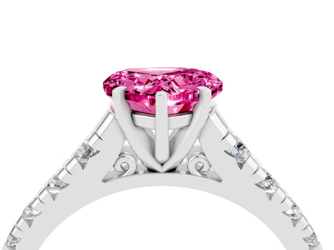 White gold Heart Cut Pink Sapphire Solitaire Ring with Cathedral Setting and Pavé Band_28
