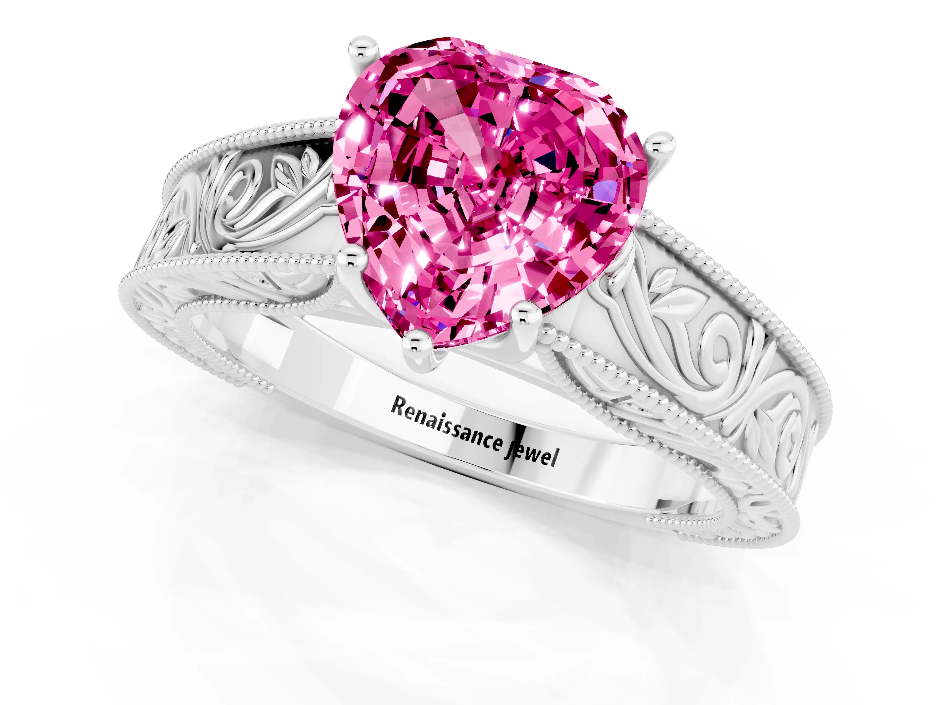 White gold Heart Cut Pink Sapphire Solitaire Ring with Engraved Band and Four-Prong Setting_1