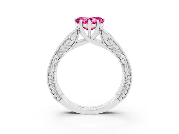 Silver Heart Cut Pink Sapphire Solitaire Ring with Engraved Band and Four-Prong Setting