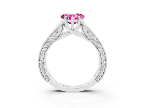 White gold Heart Cut Pink Sapphire Solitaire Ring with Engraved Band and Four-Prong Setting_3