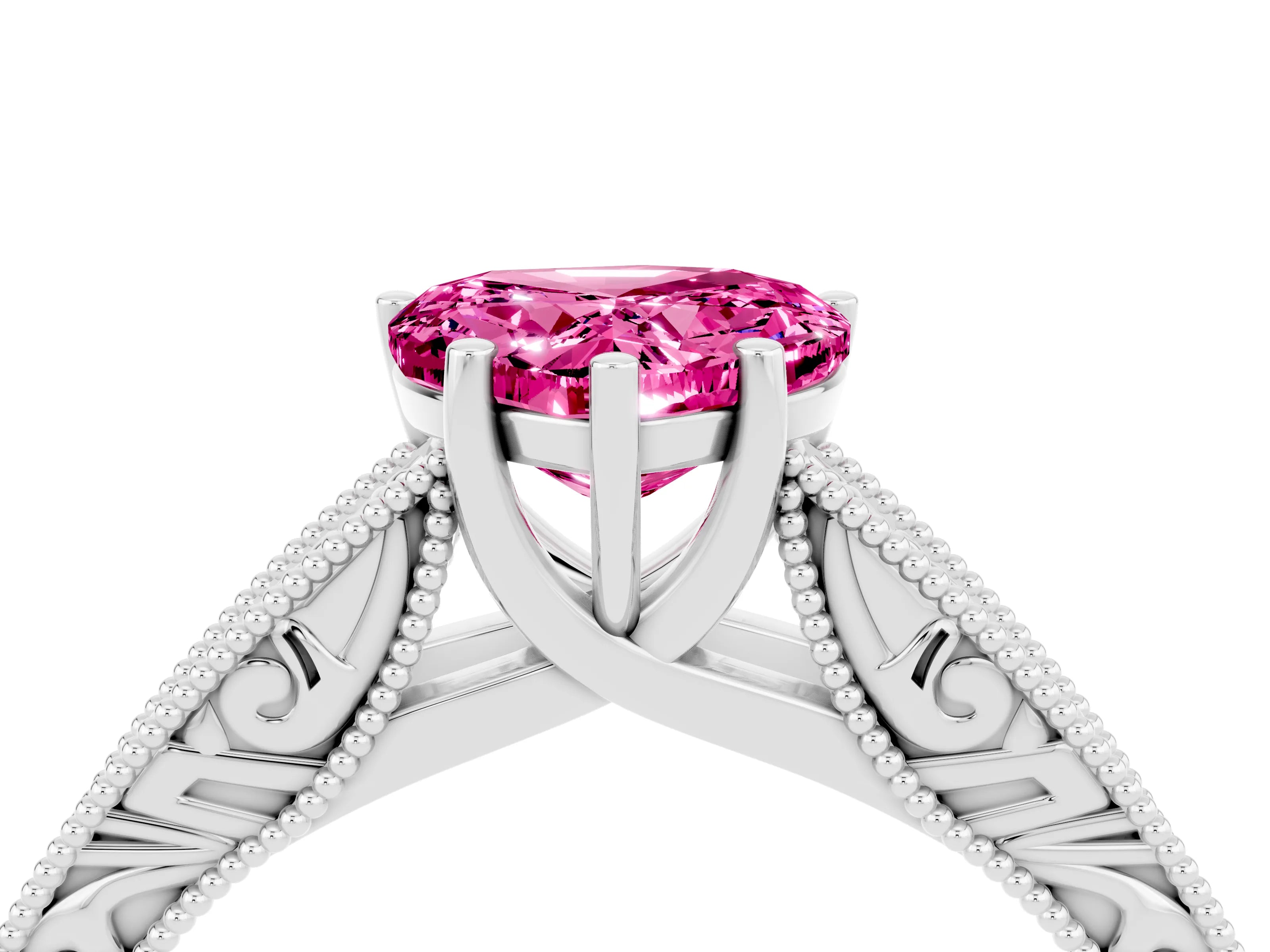 White gold Heart Cut Pink Sapphire Solitaire Ring with Engraved Band and Four-Prong Setting_4
