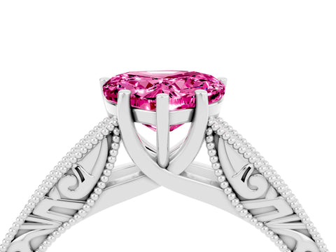 White gold Heart Cut Pink Sapphire Solitaire Ring with Engraved Band and Four-Prong Setting_4