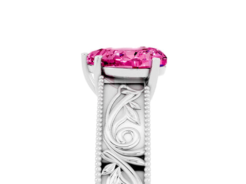 White gold Heart Cut Pink Sapphire Solitaire Ring with Engraved Band and Four-Prong Setting_5