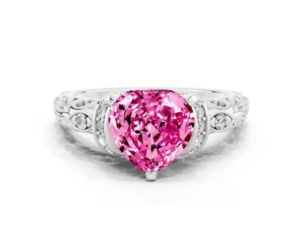 Platinum Heart Cut Pink Sapphire Solitaire Ring with Filigree Band and Four-Prong Setting