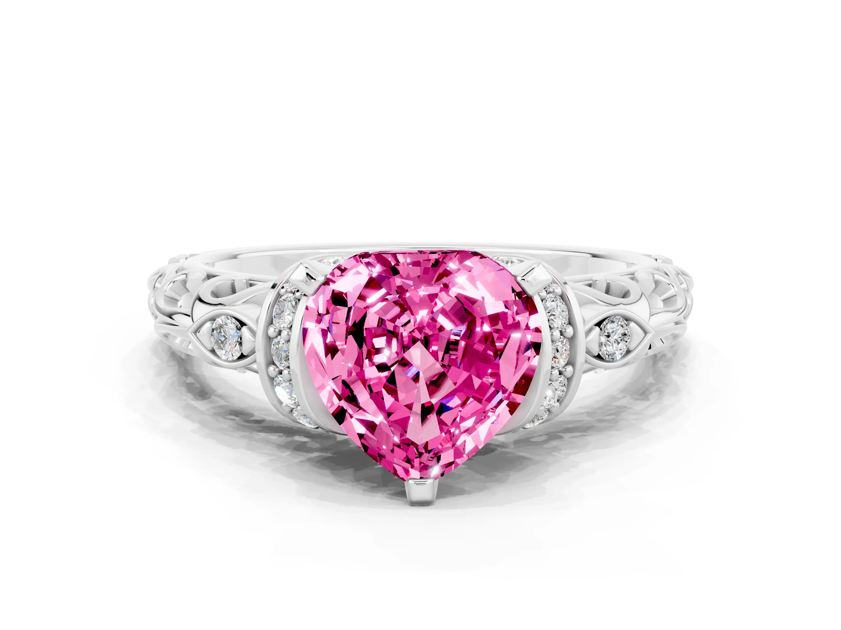 White gold Heart Cut Pink Sapphire Solitaire Ring with Filigree Band and Four-Prong Setting_48