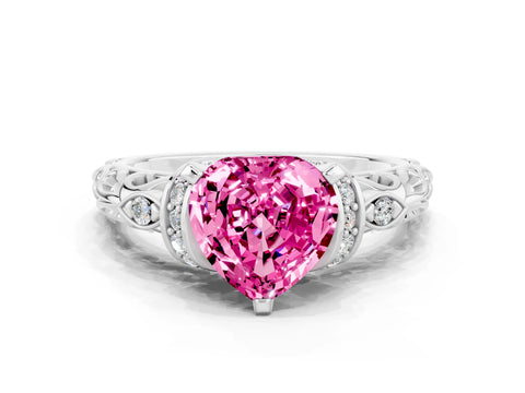 White gold Heart Cut Pink Sapphire Solitaire Ring with Filigree Band and Four-Prong Setting_48