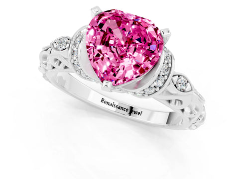White gold Heart Cut Pink Sapphire Solitaire Ring with Filigree Band and Four-Prong Setting_49