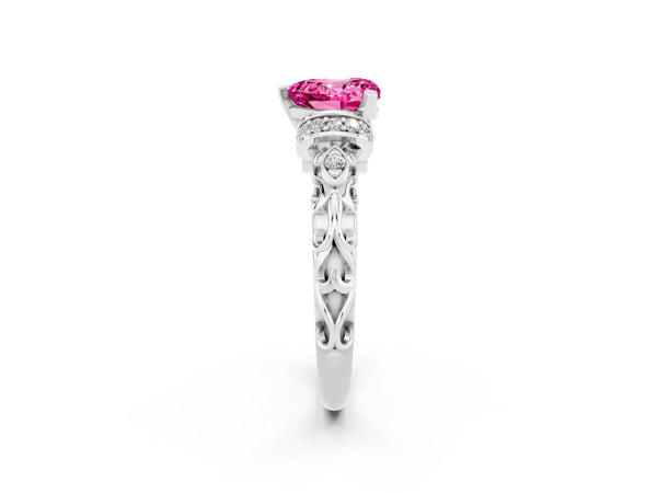 Platinum Heart Cut Pink Sapphire Solitaire Ring with Filigree Band and Four-Prong Setting