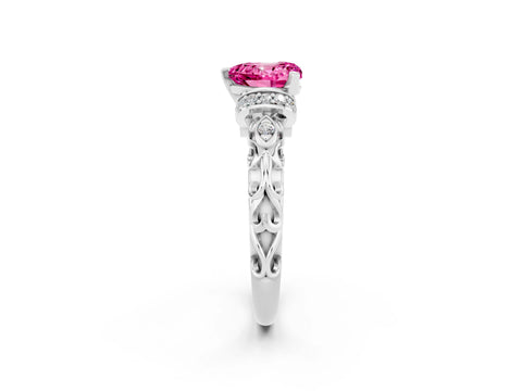 White gold Heart Cut Pink Sapphire Solitaire Ring with Filigree Band and Four-Prong Setting_50