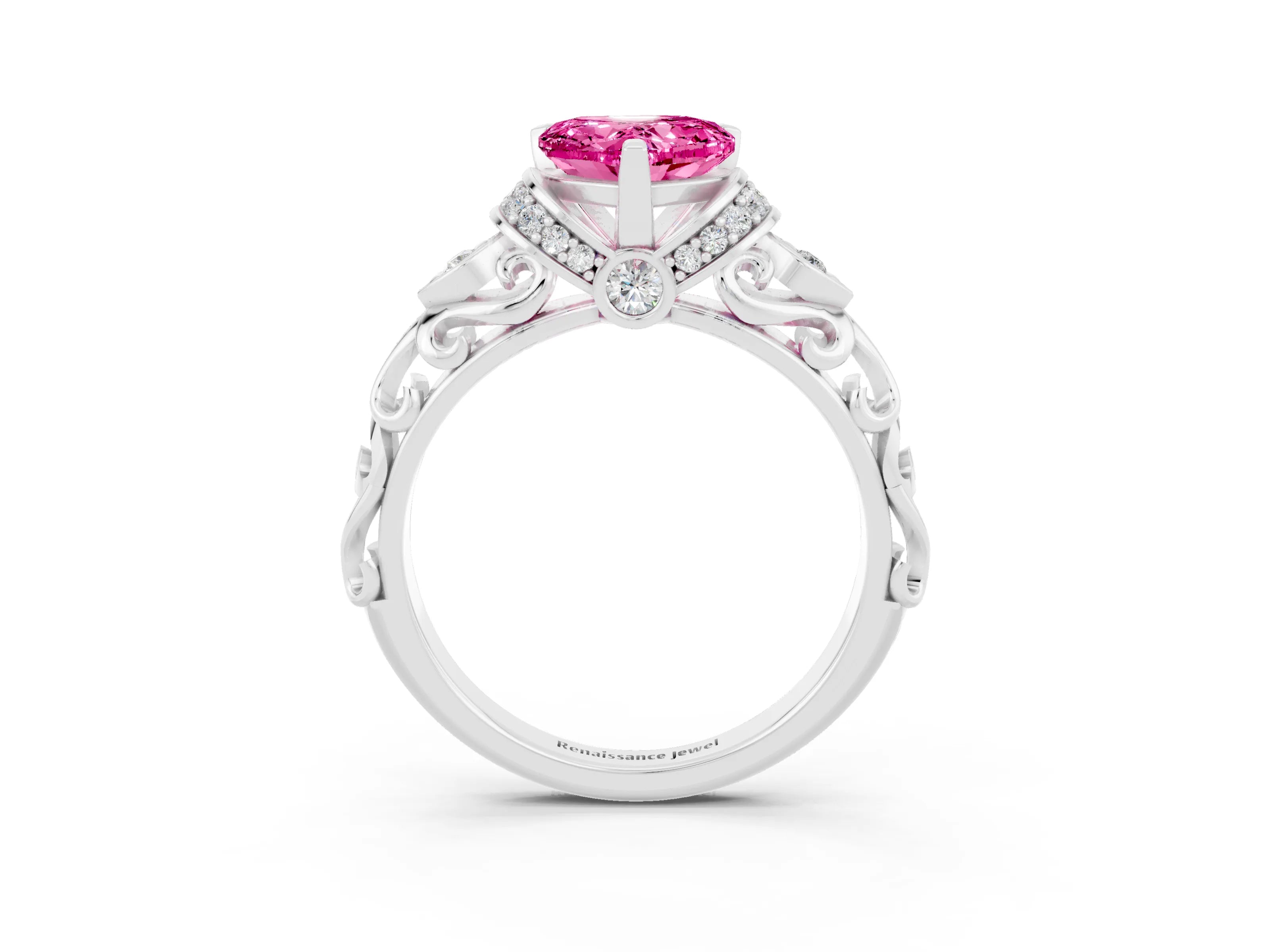 White gold Heart Cut Pink Sapphire Solitaire Ring with Filigree Band and Four-Prong Setting_51
