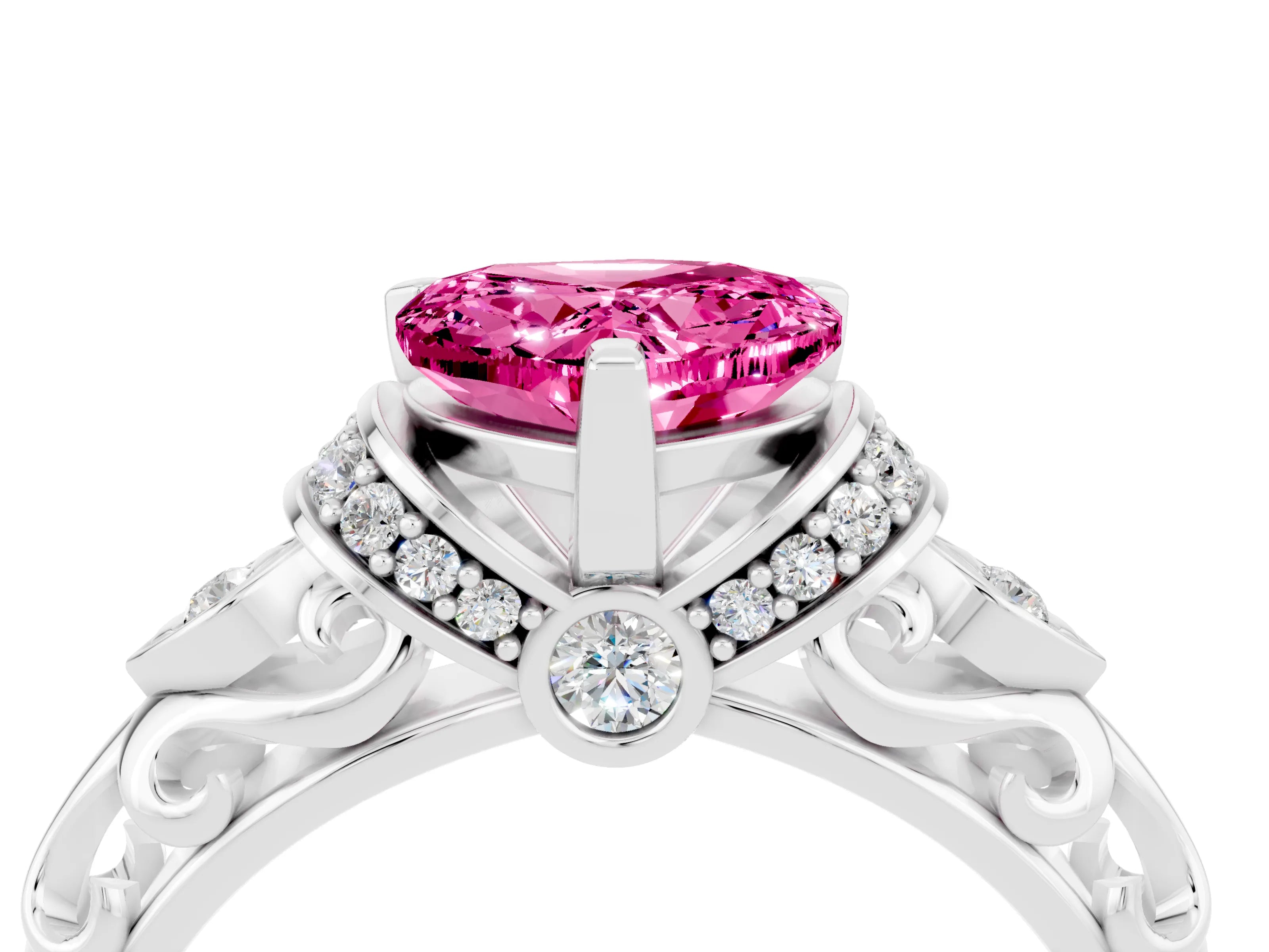White gold Heart Cut Pink Sapphire Solitaire Ring with Filigree Band and Four-Prong Setting_52