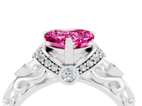 White gold Heart Cut Pink Sapphire Solitaire Ring with Filigree Band and Four-Prong Setting_52