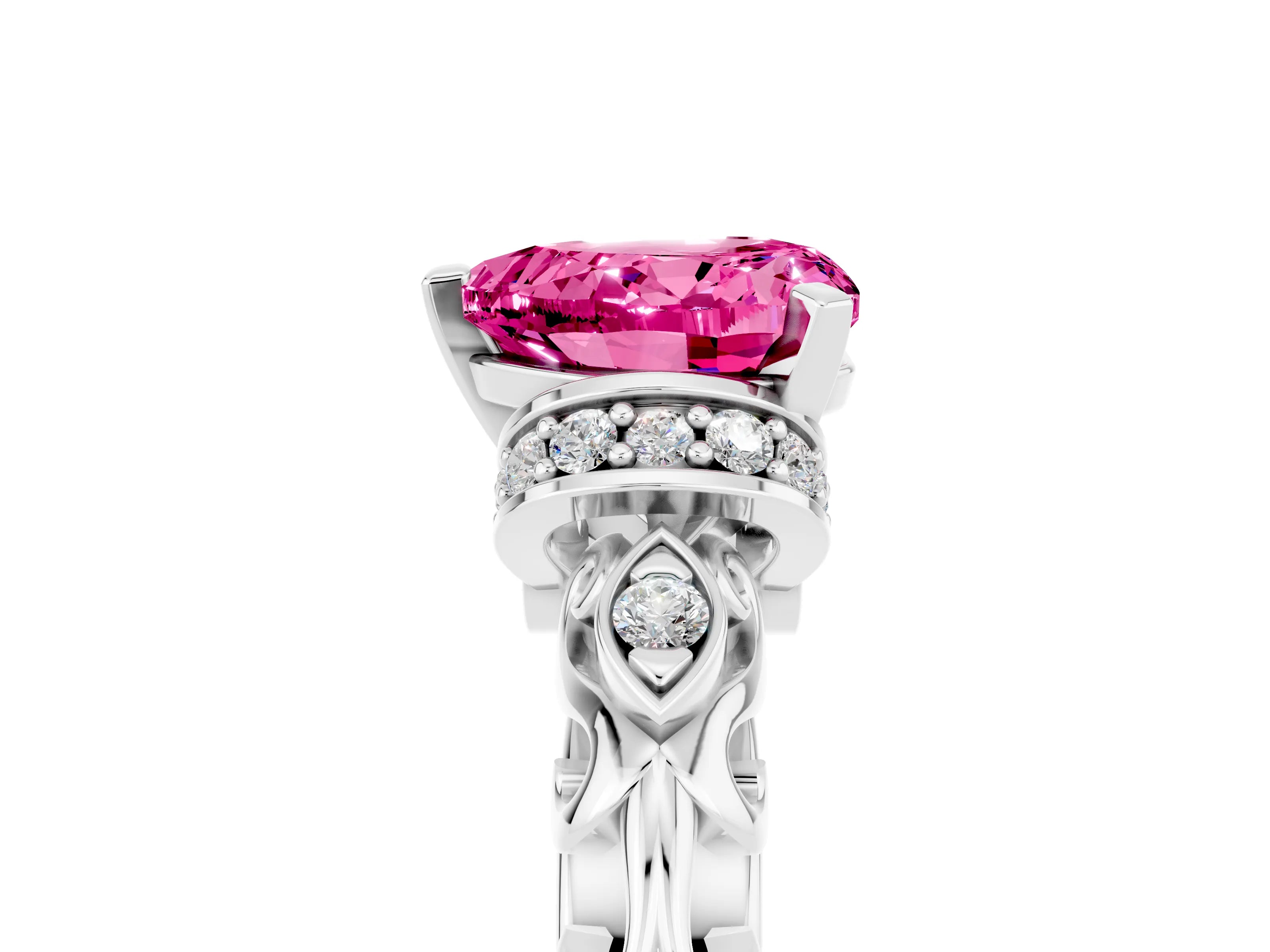 White gold Heart Cut Pink Sapphire Solitaire Ring with Filigree Band and Four-Prong Setting_53