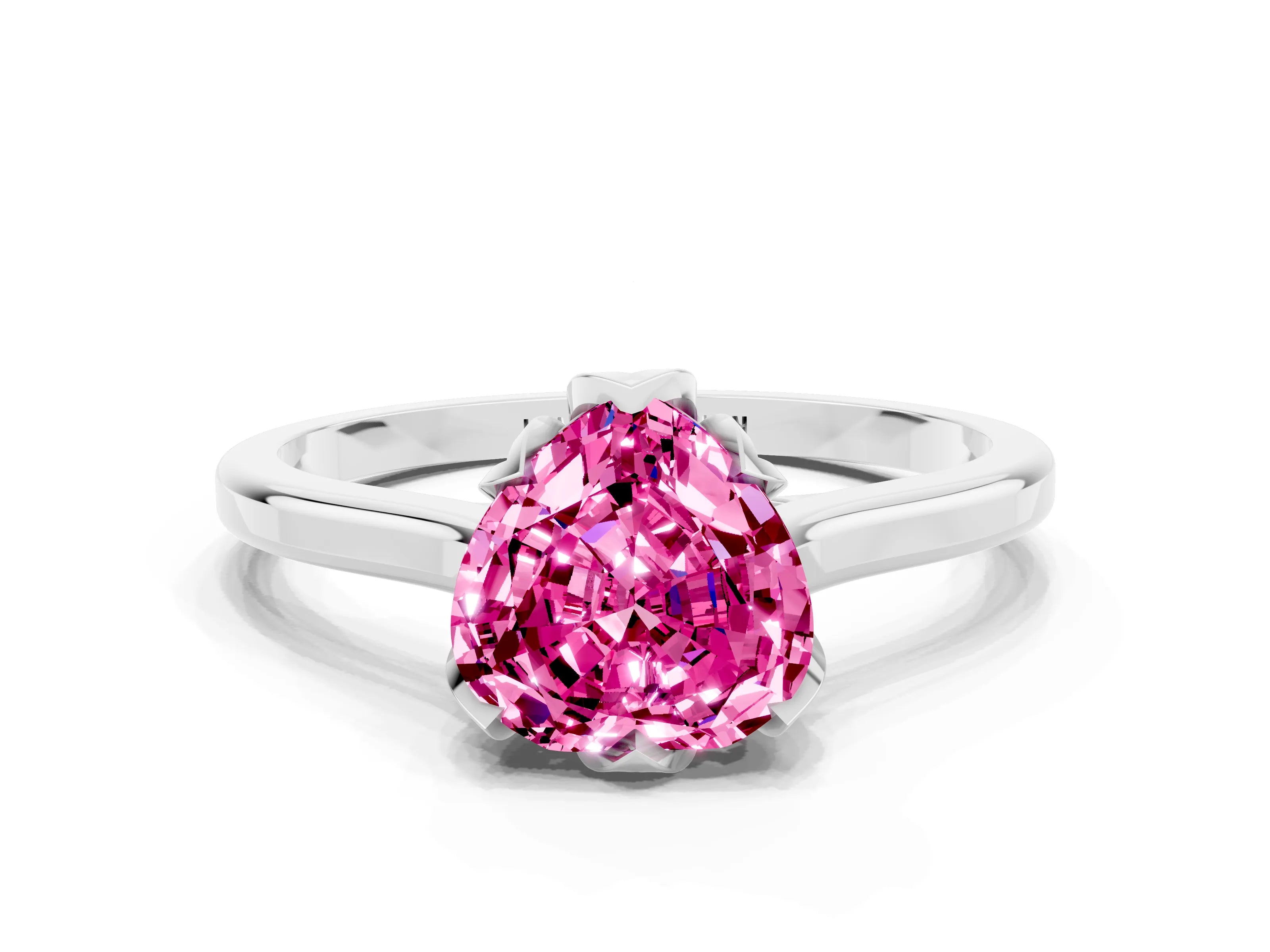 White gold Heart Cut Pink Sapphire Solitaire Ring with Flower Prong Setting and Classic Band_12