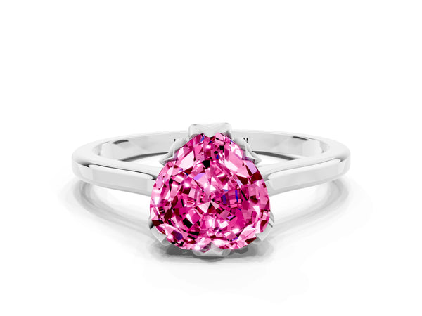 White gold Heart Cut Pink Sapphire Solitaire Ring with Flower Prong Setting and Classic Band