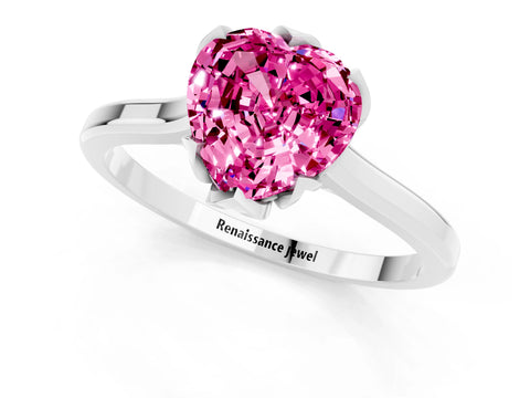 White gold Heart Cut Pink Sapphire Solitaire Ring with Flower Prong Setting and Classic Band_13
