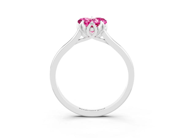 Platinum Heart Cut Pink Sapphire Solitaire Ring with Flower Prong Setting and Classic Band