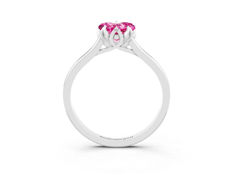 White gold Heart Cut Pink Sapphire Solitaire Ring with Flower Prong Setting and Classic Band_15