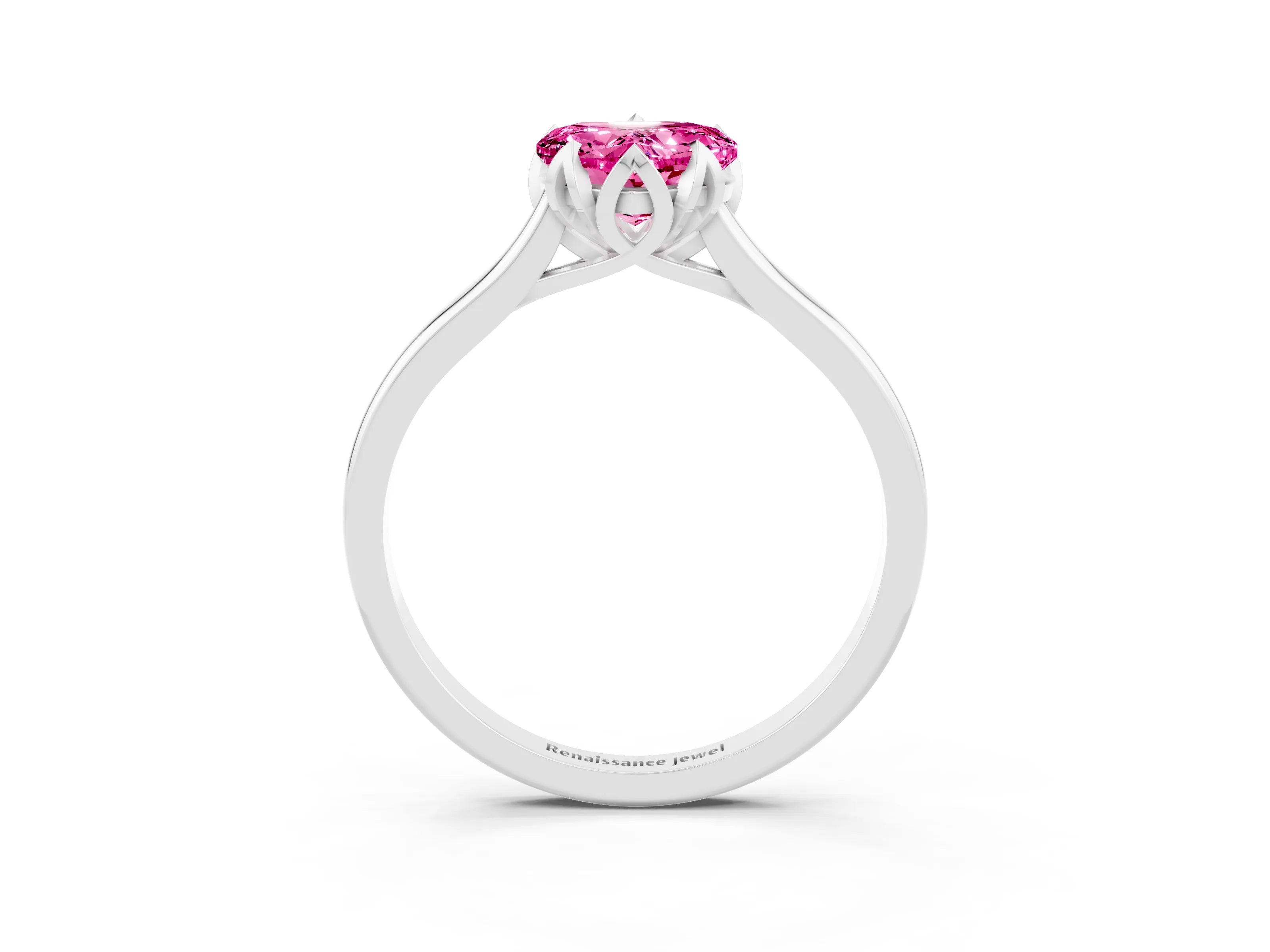 White gold Heart Cut Pink Sapphire Solitaire Ring with Flower Prong Setting and Classic Band_15