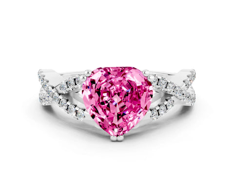 White gold Heart Cut Pink Sapphire Solitaire Ring with Four-Prong Setting and Twisted Pavé Band_12