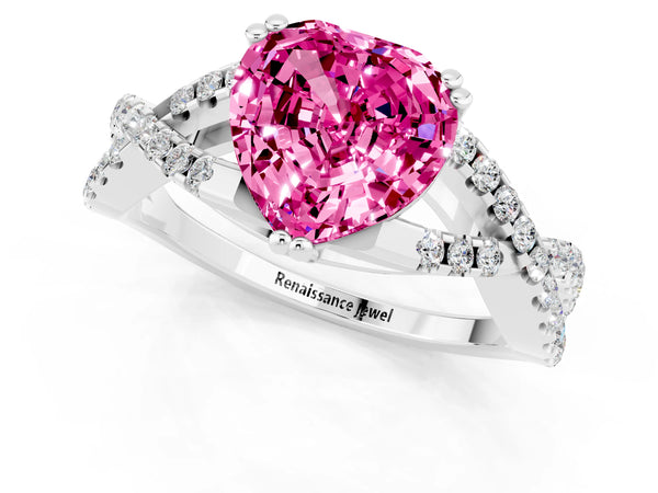 White gold Heart Cut Pink Sapphire Solitaire Ring with Four-Prong Setting and Twisted Pavé Band