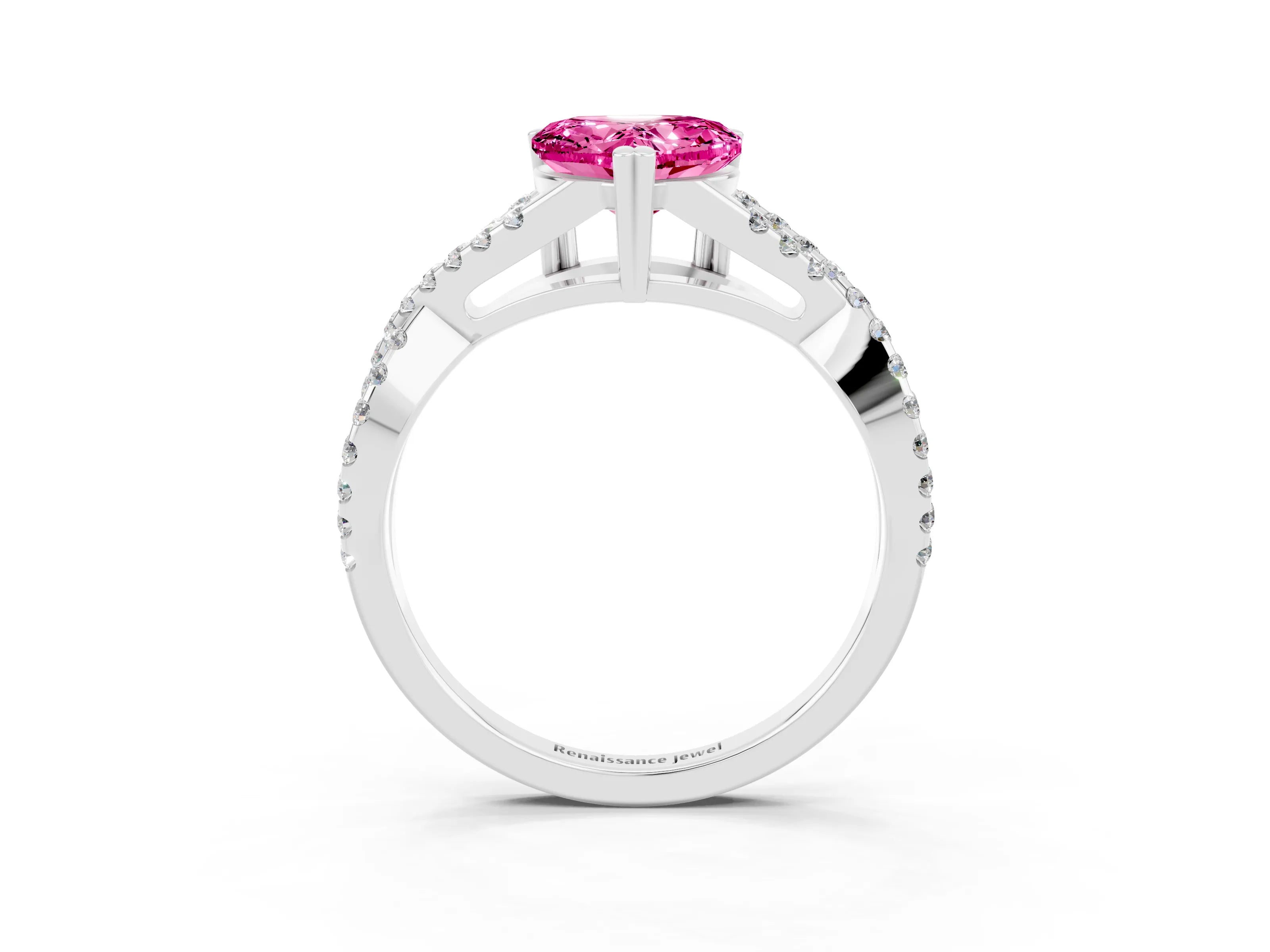 White gold Heart Cut Pink Sapphire Solitaire Ring with Four-Prong Setting and Twisted Pavé Band_15