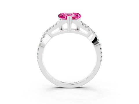 White gold Heart Cut Pink Sapphire Solitaire Ring with Four-Prong Setting and Twisted Pavé Band_15
