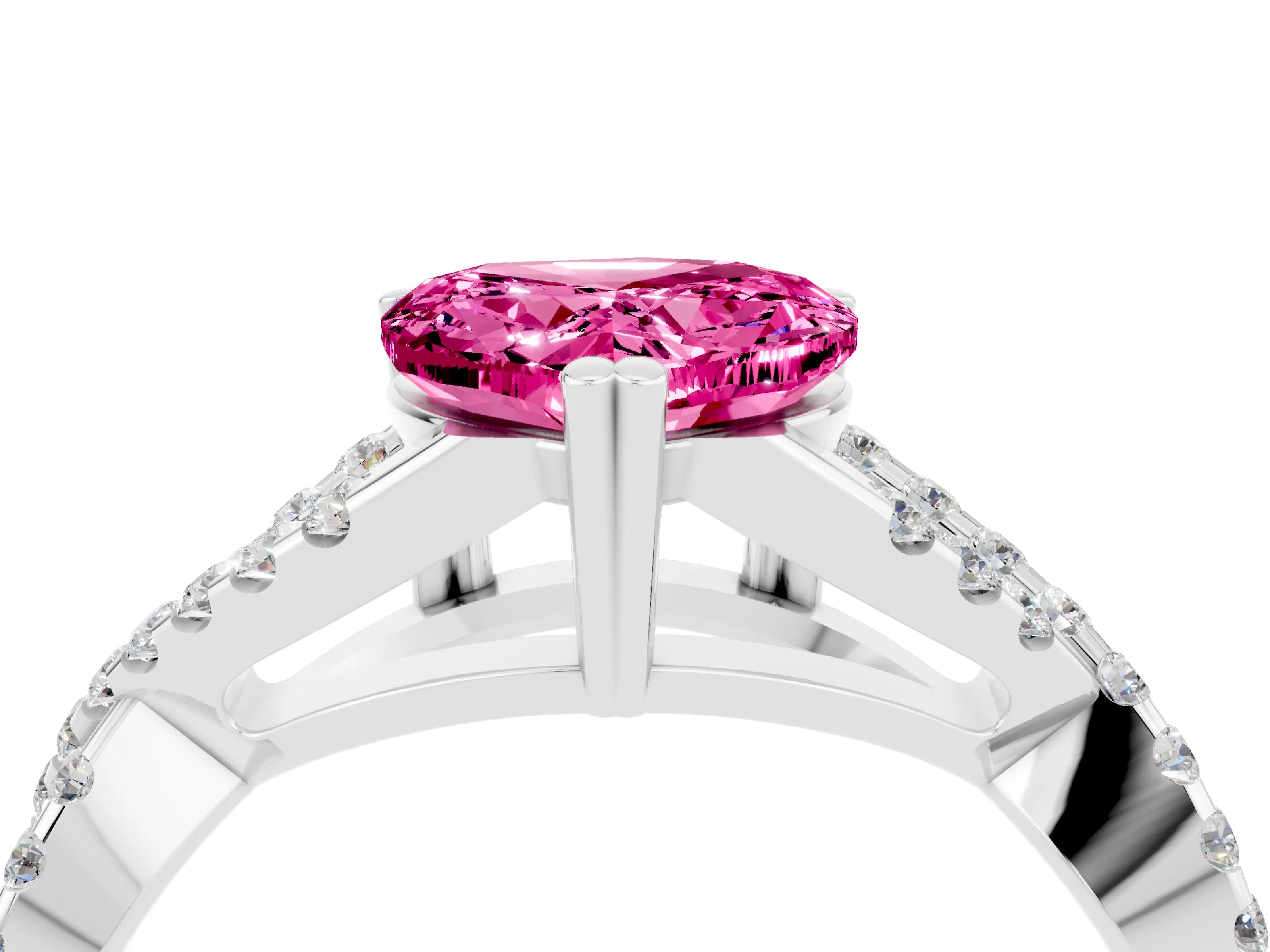White gold Heart Cut Pink Sapphire Solitaire Ring with Four-Prong Setting and Twisted Pavé Band_16