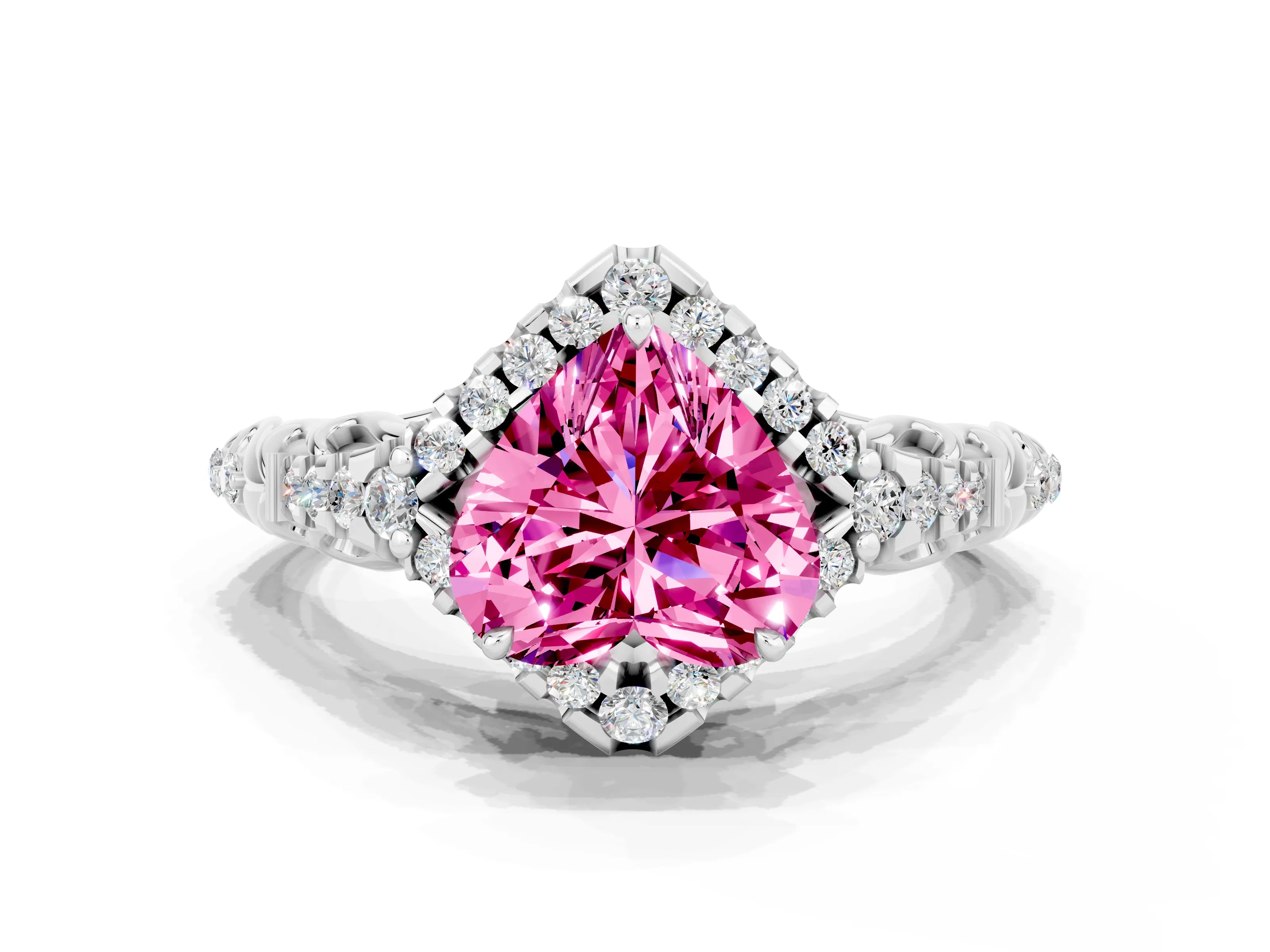 White gold Heart Cut Pink Sapphire Solitaire Ring with Hidden Halo and Pavé Band_12