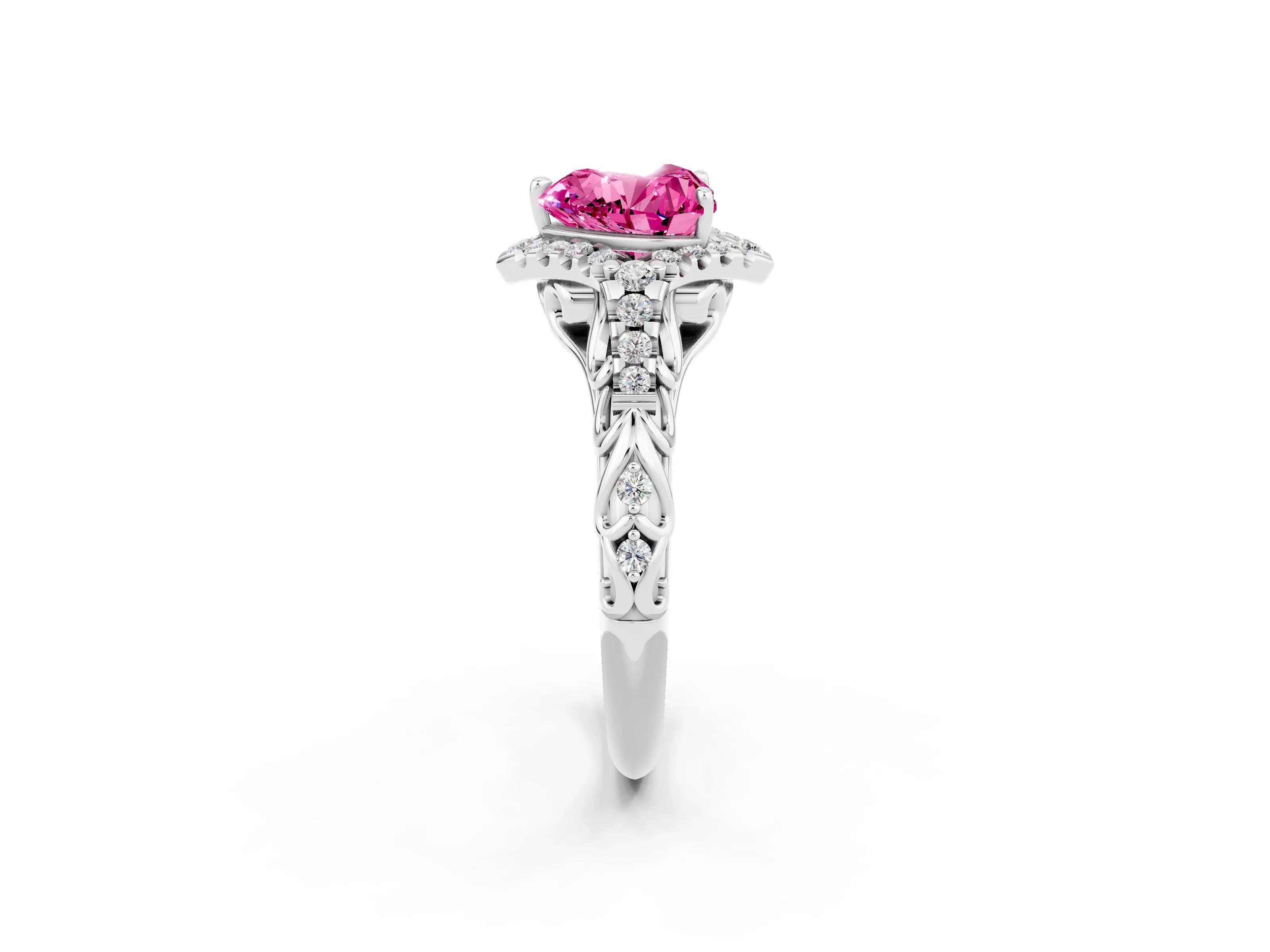 White gold Heart Cut Pink Sapphire Solitaire Ring with Hidden Halo and Pavé Band_14