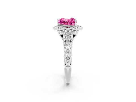 White gold Heart Cut Pink Sapphire Solitaire Ring with Hidden Halo and Pavé Band_14
