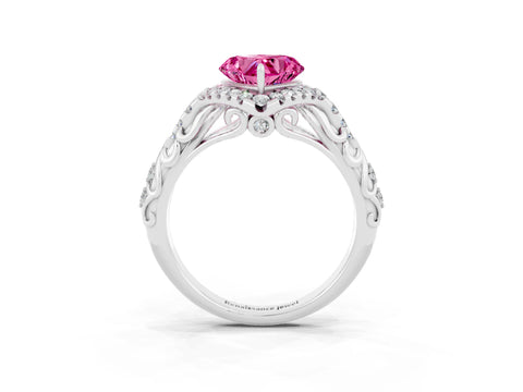 White gold Heart Cut Pink Sapphire Solitaire Ring with Hidden Halo and Pavé Band_15