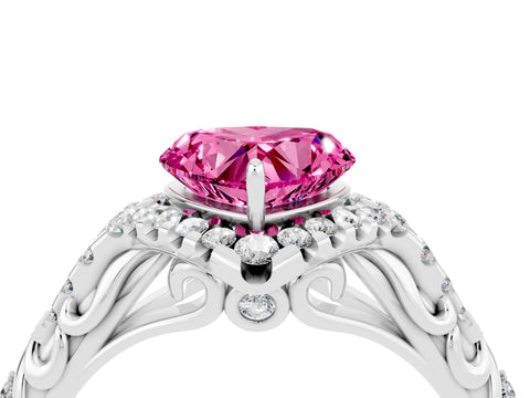 White gold Heart Cut Pink Sapphire Solitaire Ring with Hidden Halo and Pavé Band_16