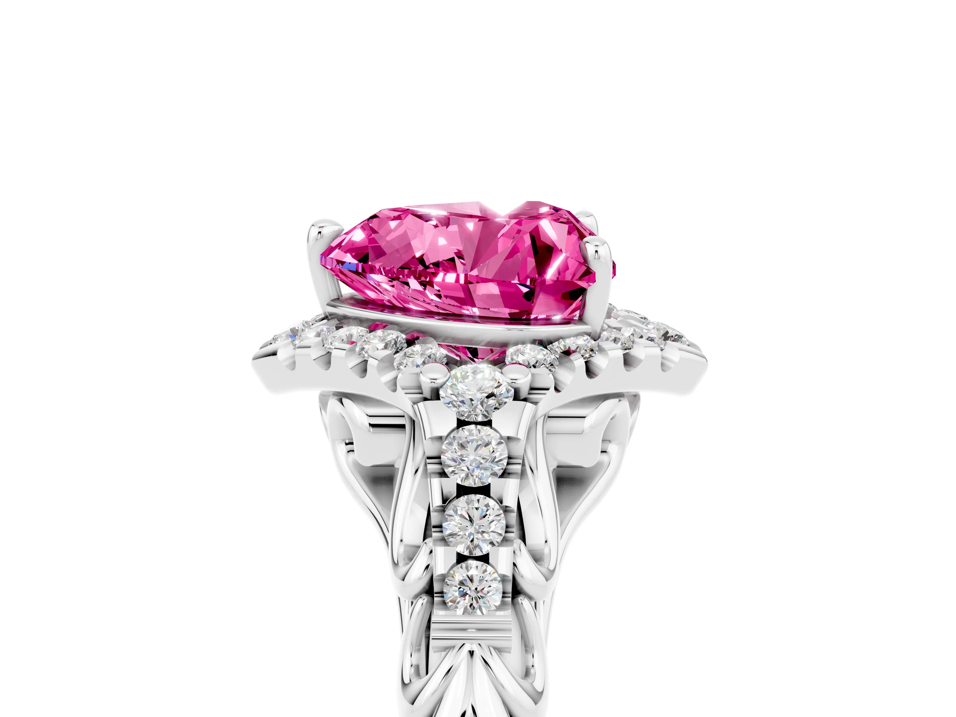White gold Heart Cut Pink Sapphire Solitaire Ring with Hidden Halo and Pavé Band_17