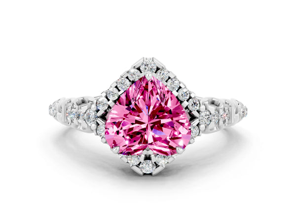 Silver Heart Cut Pink Sapphire Solitaire Ring with Hidden Halo and Pavé Band