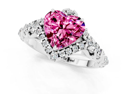 White gold Heart Cut Pink Sapphire Solitaire Ring with Hidden Halo and Pavé Band_19