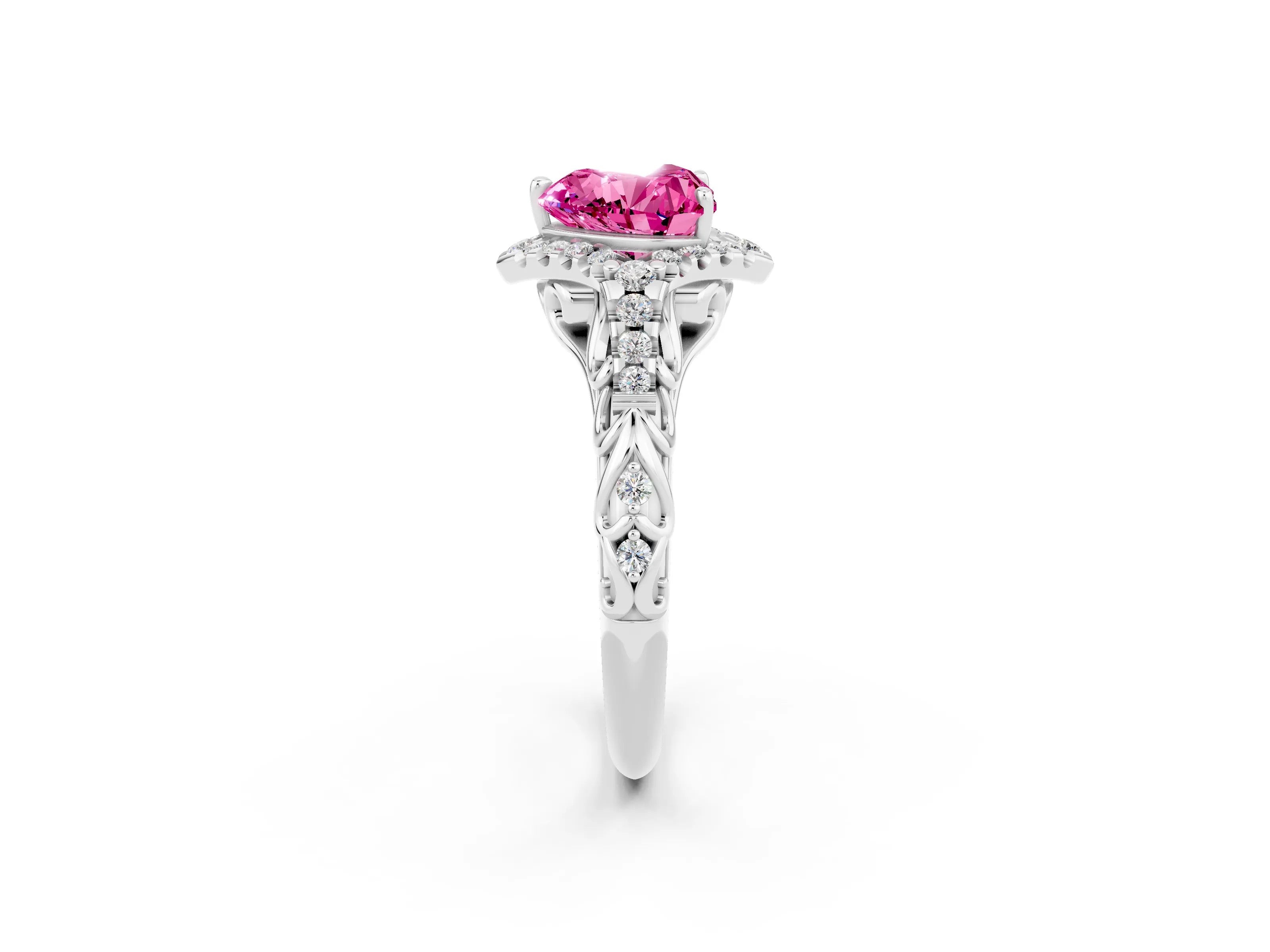 White gold Heart Cut Pink Sapphire Solitaire Ring with Hidden Halo and Pavé Band_20