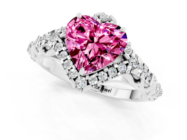 Platinum Heart Cut Pink Sapphire Solitaire Ring with Hidden Halo and Pavé Band