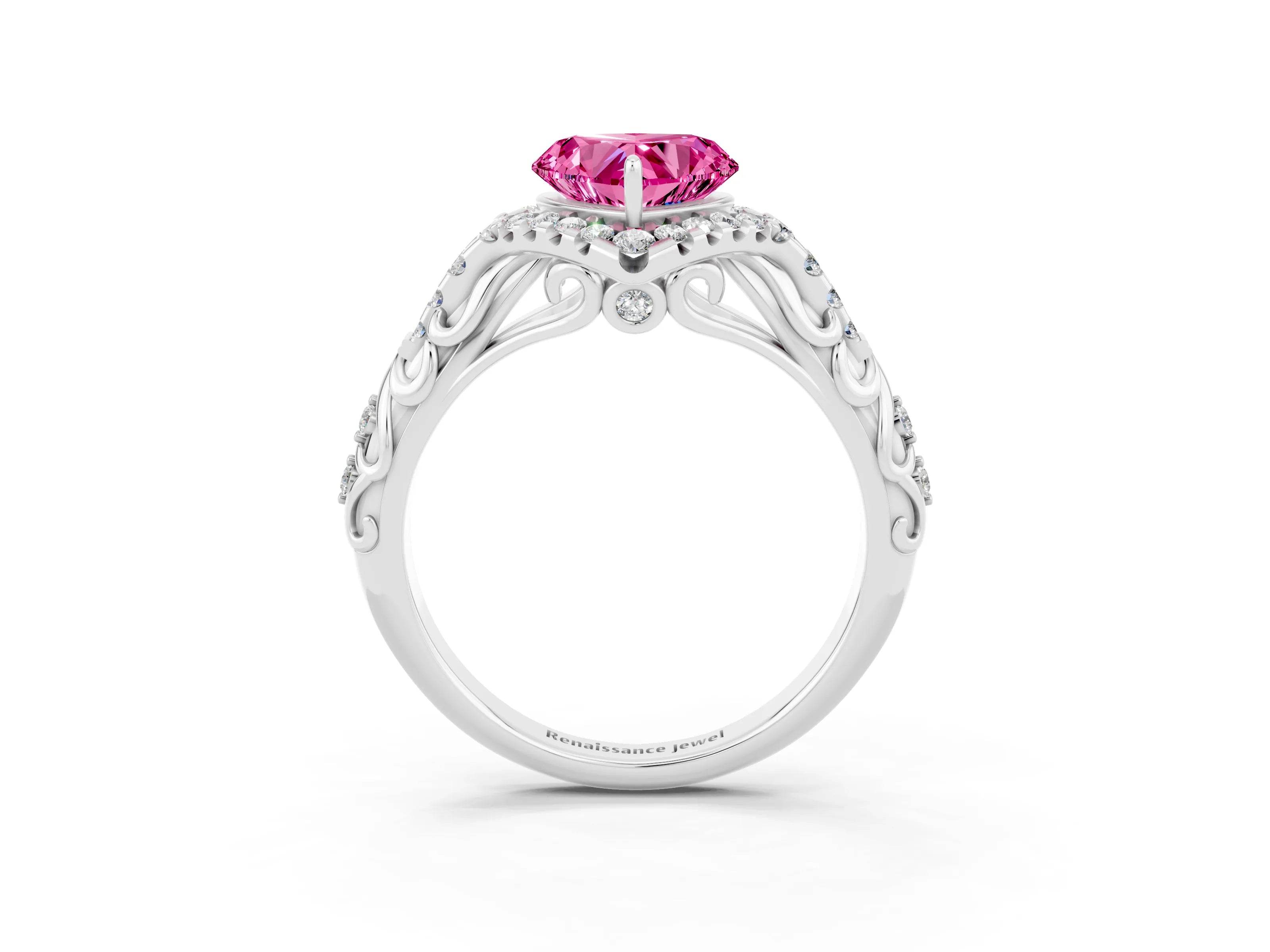 White gold Heart Cut Pink Sapphire Solitaire Ring with Hidden Halo and Pavé Band_21