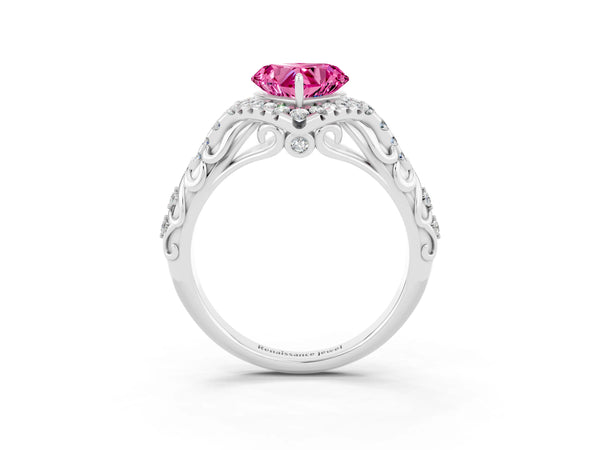 Silver Heart Cut Pink Sapphire Solitaire Ring with Hidden Halo and Pavé Band