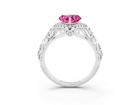White gold Heart Cut Pink Sapphire Solitaire Ring with Hidden Halo and Pavé Band_23